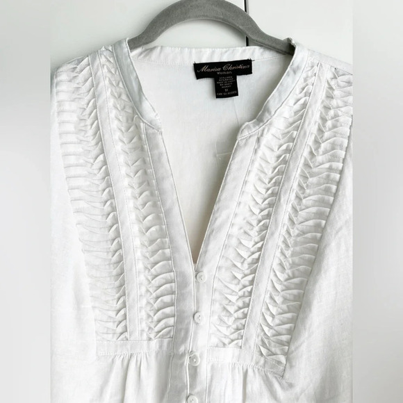 White Linen Blouse Pin Tuck Button Front 3/4 Sleeve Size 1X Marisa Christina - Picture 4 of 8